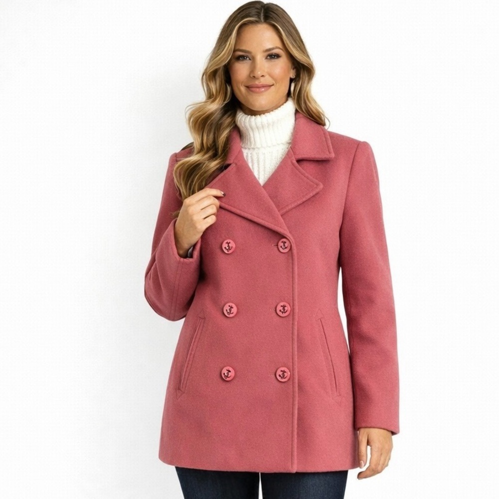 LL Bean Wool Pea Coat Pink Size 6 Double Breasted Anchor Button Nautical Preppy
